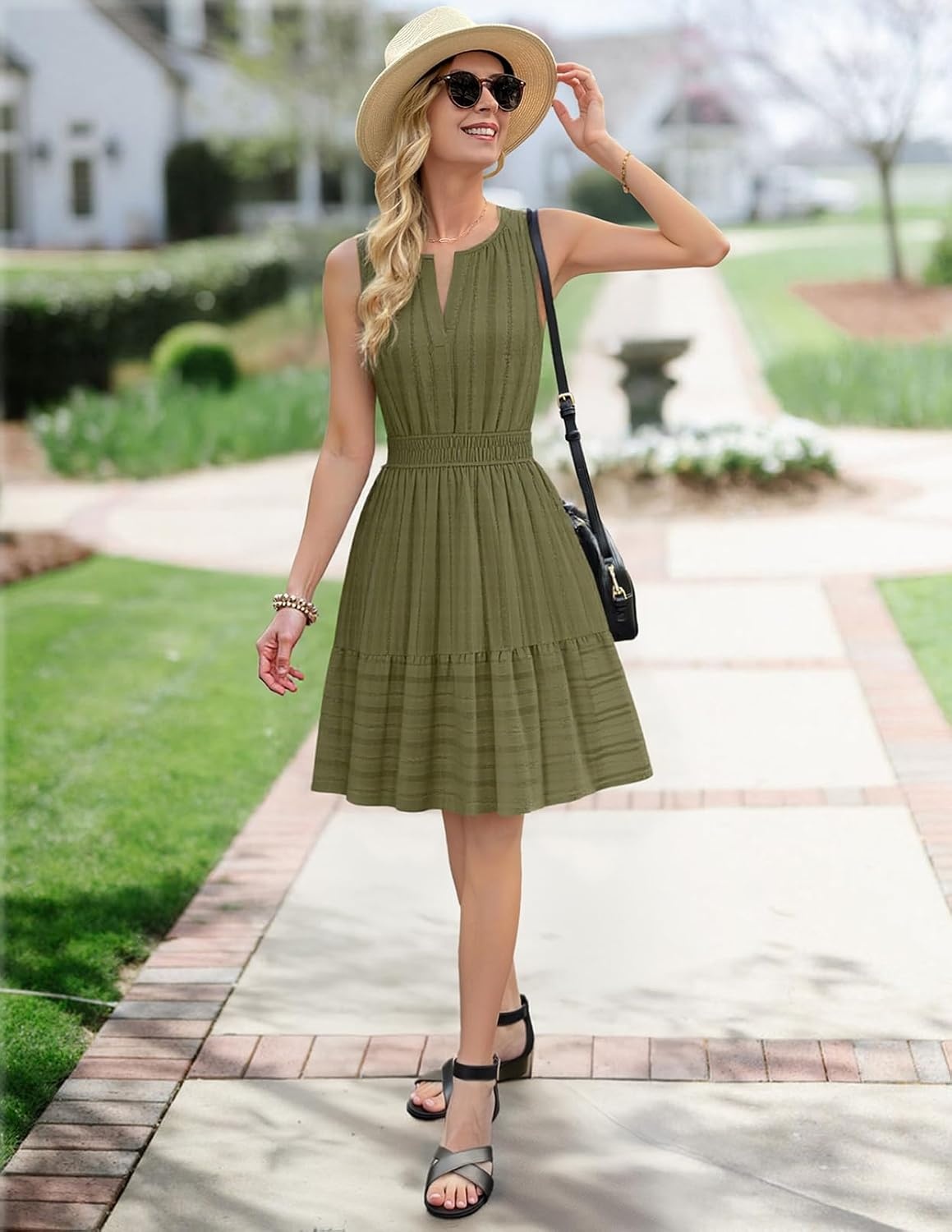 image:imageMEROKEETY Womens Summer Casual Beach Vacation Sleeveless Mini Sundress 2026 V Neck A Line Solid Color Ruffle Hem Flowy Swing Sun Dress Elastic Waist Cotton Wedding Guest Graduation Short DressArmygreen
