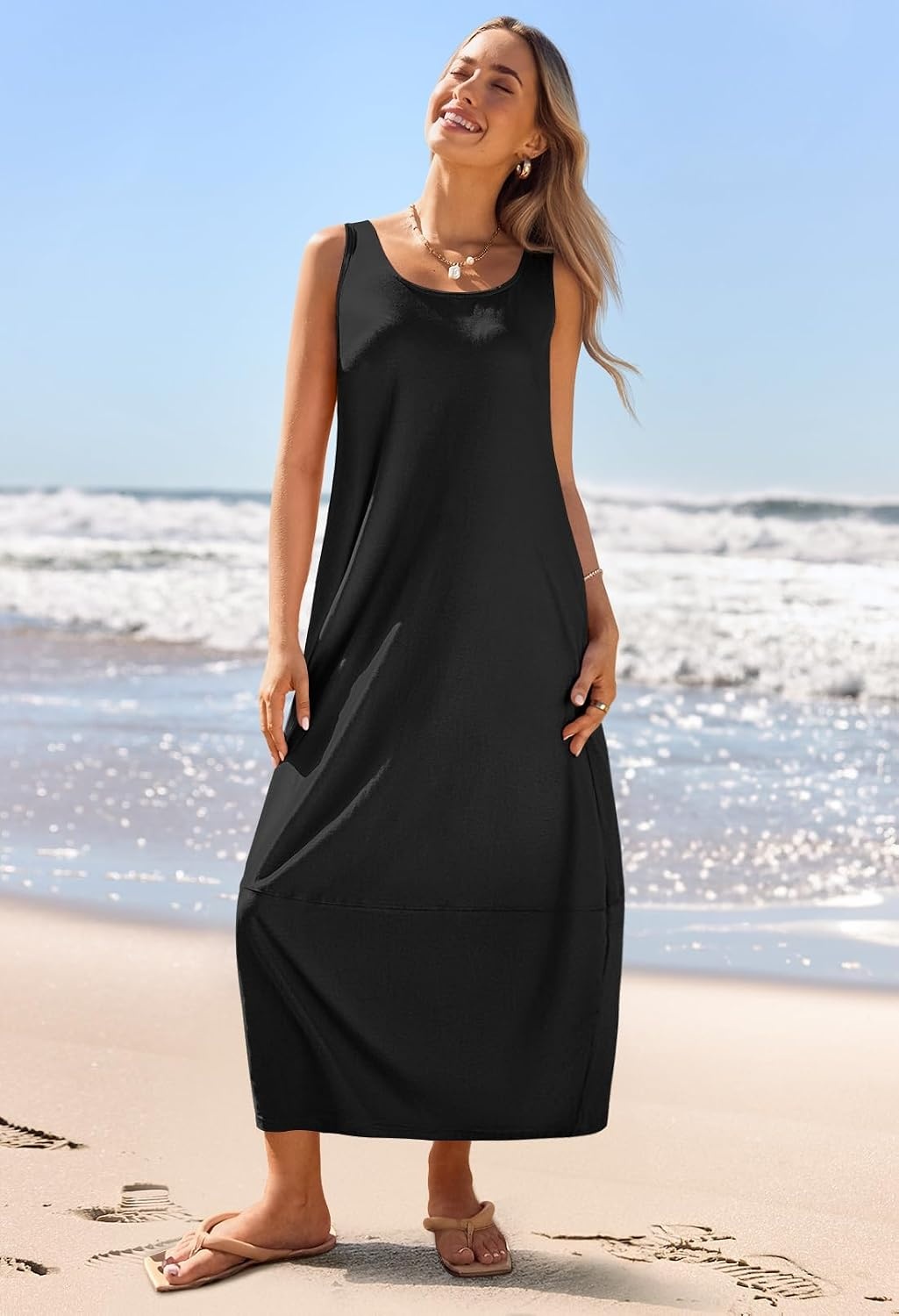 image:imageMEROKEETY Womens Summer Sleeveless Maxi Dress Beach Sundress Casual Scoop Neck Tank Dress Cotton Boho Vacation Loose Fit Side Pockets ALine Floral Long Dress Spring OutfitsBlack