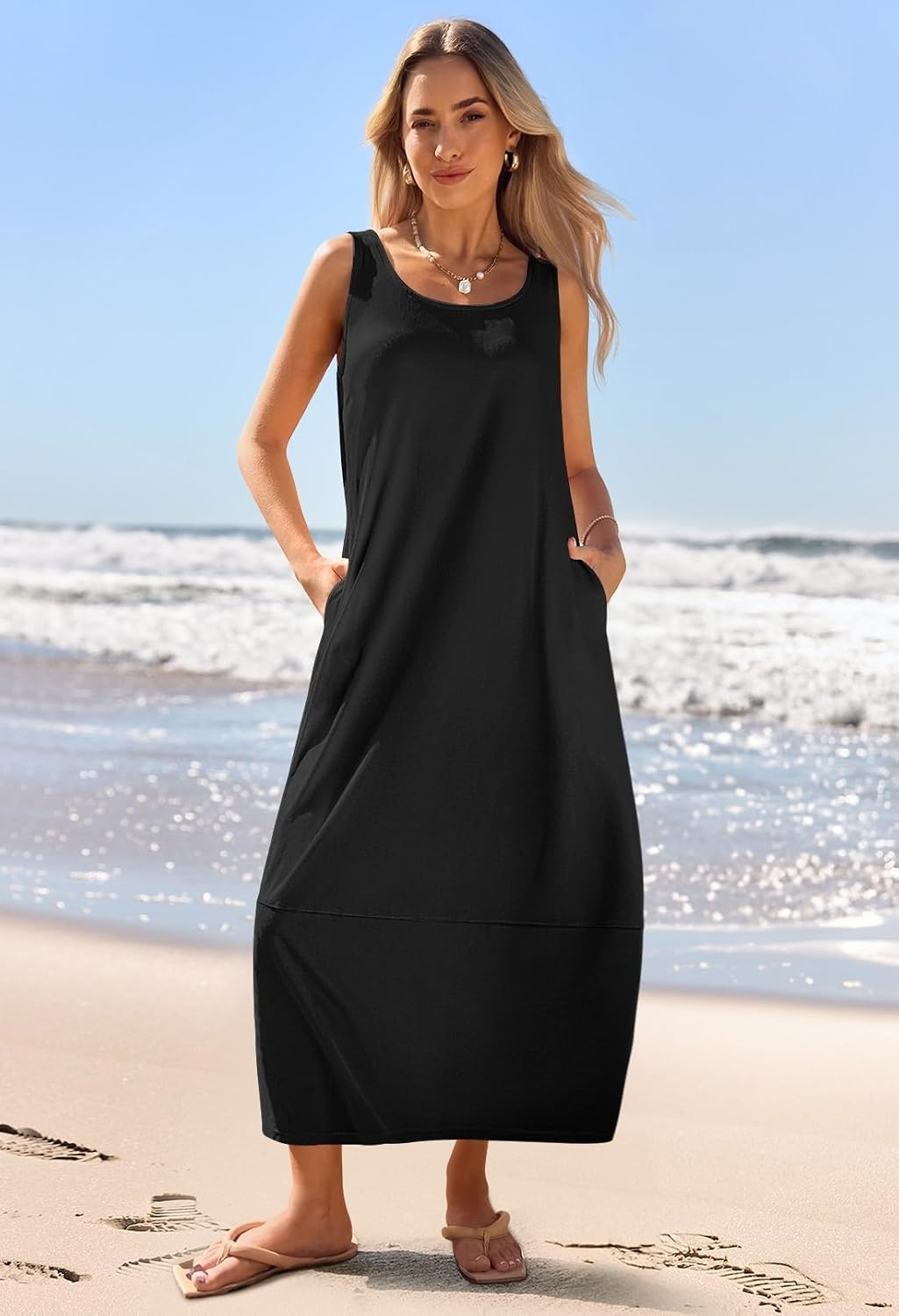 image:imageMEROKEETY Womens Summer Sleeveless Maxi Dress Beach Sundress Casual Scoop Neck Tank Dress Cotton Boho Vacation Loose Fit Side Pockets ALine Floral Long Dress Spring OutfitsBlack