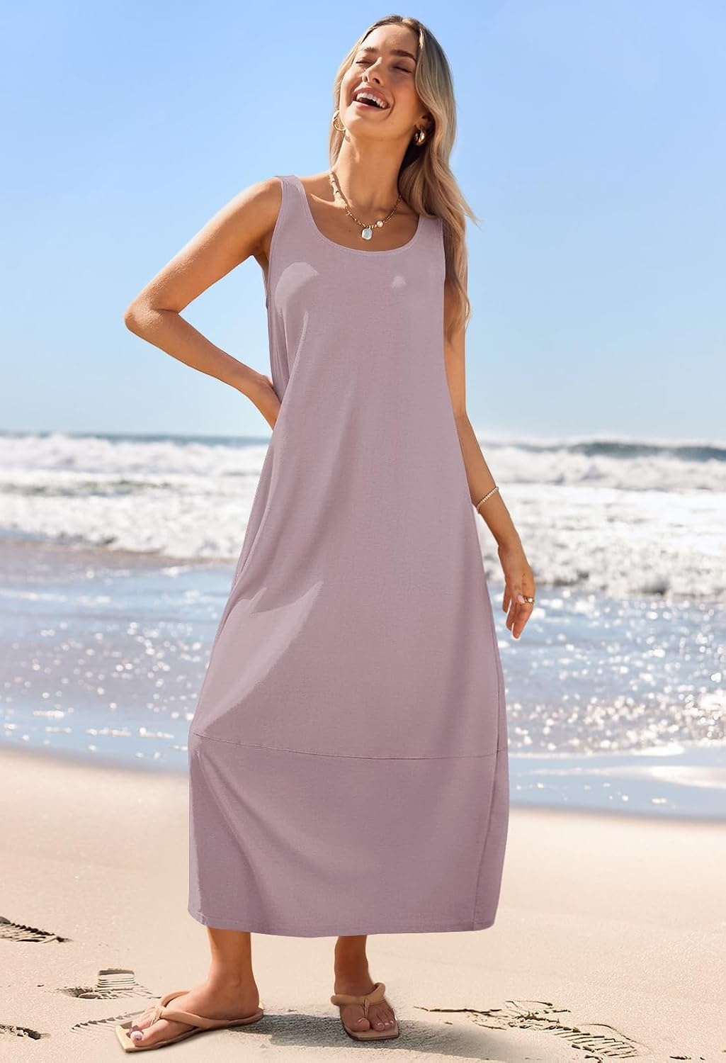 image:imageMEROKEETY Womens Summer Sleeveless Maxi Dress Beach Sundress Casual Scoop Neck Tank Dress Cotton Boho Vacation Loose Fit Side Pockets ALine Floral Long Dress Spring OutfitsTaro