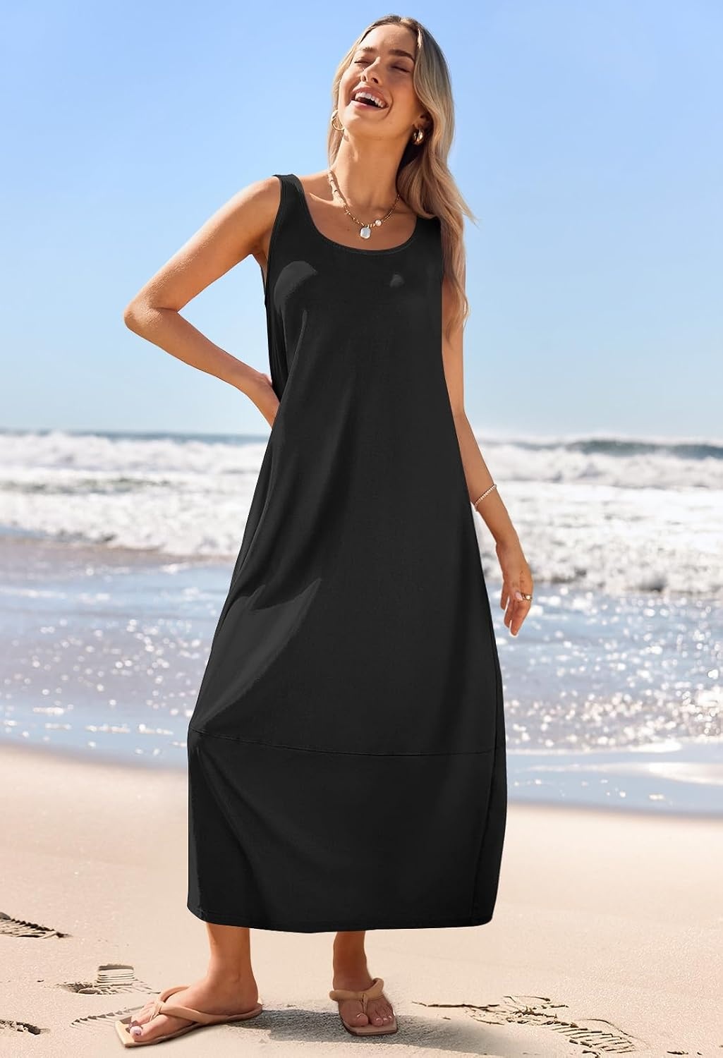 image:imageMEROKEETY Womens Summer Sleeveless Maxi Dress Beach Sundress Casual Scoop Neck Tank Dress Cotton Boho Vacation Loose Fit Side Pockets ALine Floral Long Dress Spring OutfitsBlack