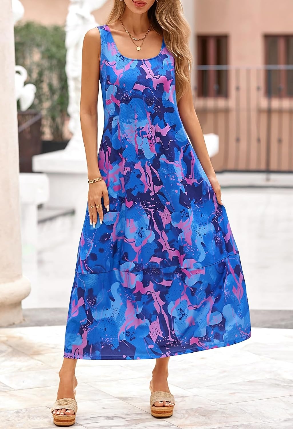 image:imageMEROKEETY Womens Summer Sleeveless Maxi Dress Beach Sundress Casual Scoop Neck Tank Dress Cotton Boho Vacation Loose Fit Side Pockets ALine Floral Long Dress Spring OutfitsFloralblue