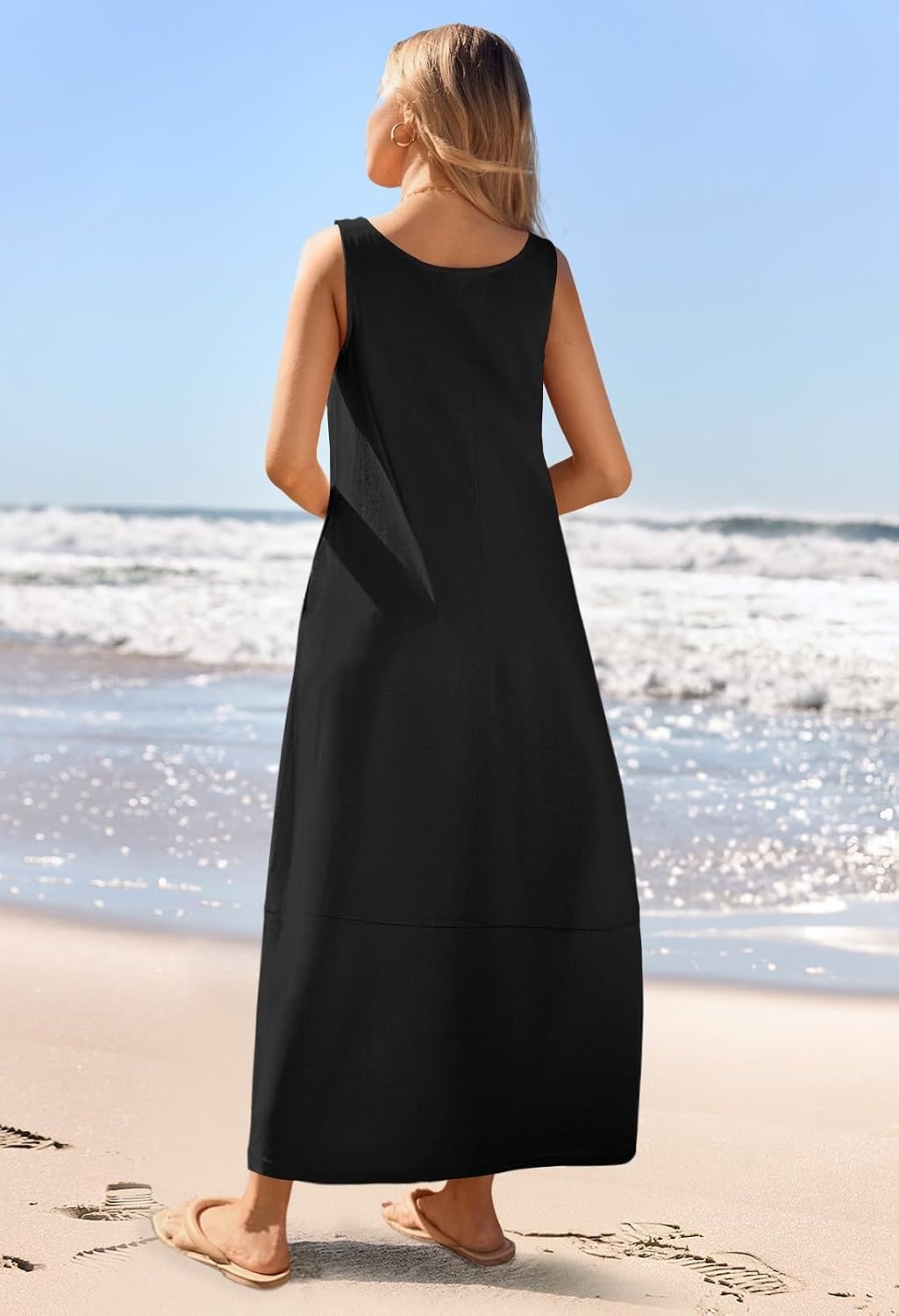 image:imageMEROKEETY Womens Summer Sleeveless Maxi Dress Beach Sundress Casual Scoop Neck Tank Dress Cotton Boho Vacation Loose Fit Side Pockets ALine Floral Long Dress Spring OutfitsBlack