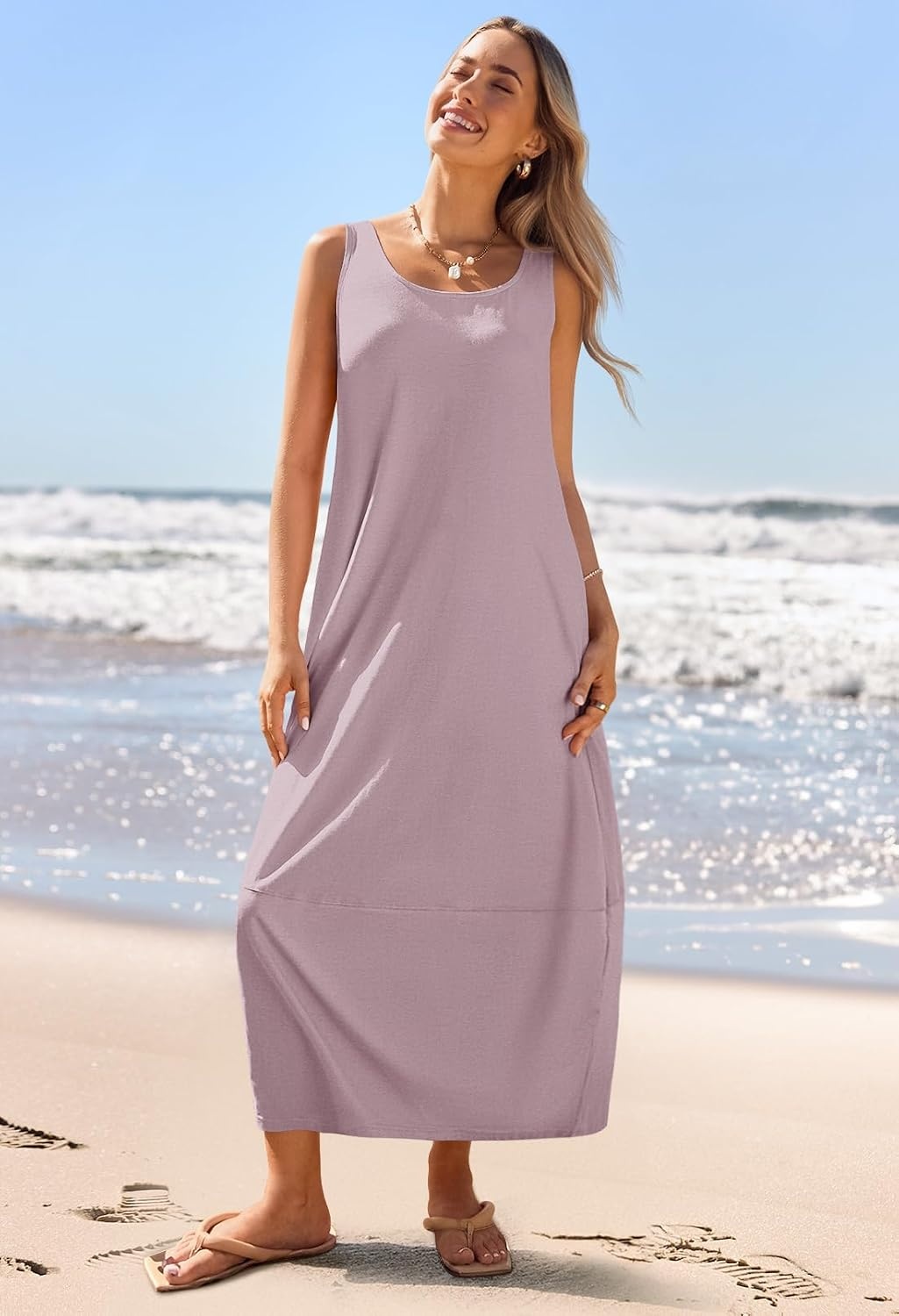 image:imageMEROKEETY Womens Summer Sleeveless Maxi Dress Beach Sundress Casual Scoop Neck Tank Dress Cotton Boho Vacation Loose Fit Side Pockets ALine Floral Long Dress Spring OutfitsTaro