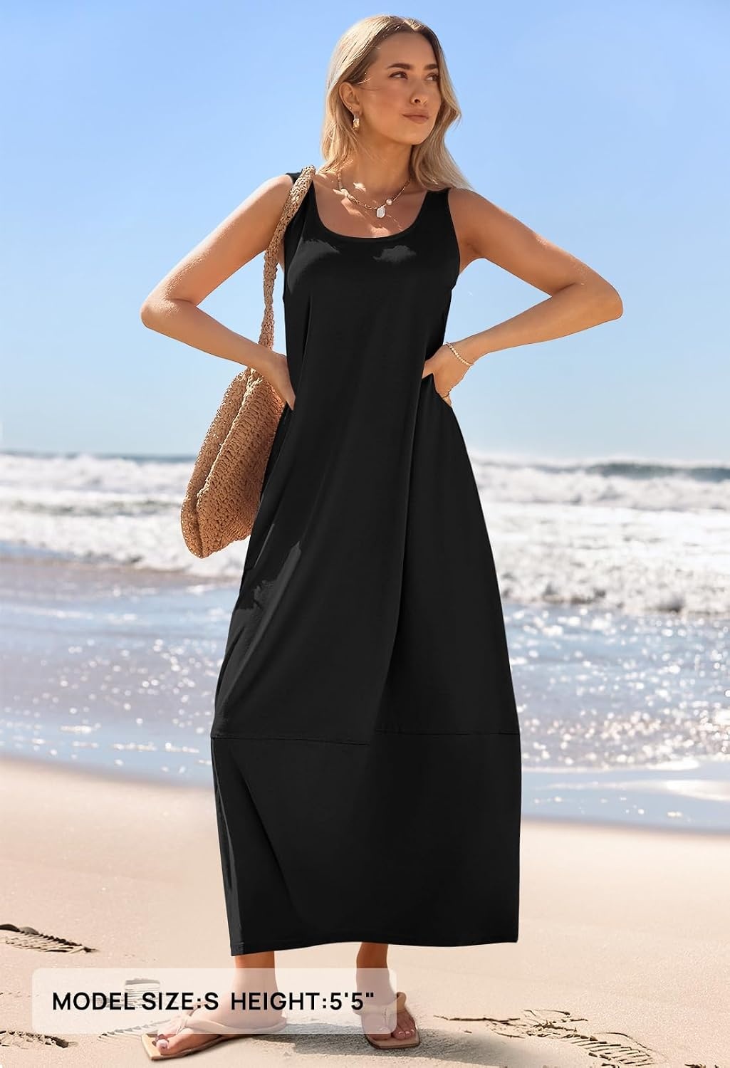 image:imageMEROKEETY Womens Summer Sleeveless Maxi Dress Beach Sundress Casual Scoop Neck Tank Dress Cotton Boho Vacation Loose Fit Side Pockets ALine Floral Long Dress Spring OutfitsBlack