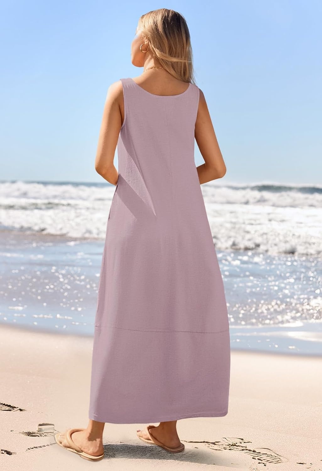 image:imageMEROKEETY Womens Summer Sleeveless Maxi Dress Beach Sundress Casual Scoop Neck Tank Dress Cotton Boho Vacation Loose Fit Side Pockets ALine Floral Long Dress Spring OutfitsTaro