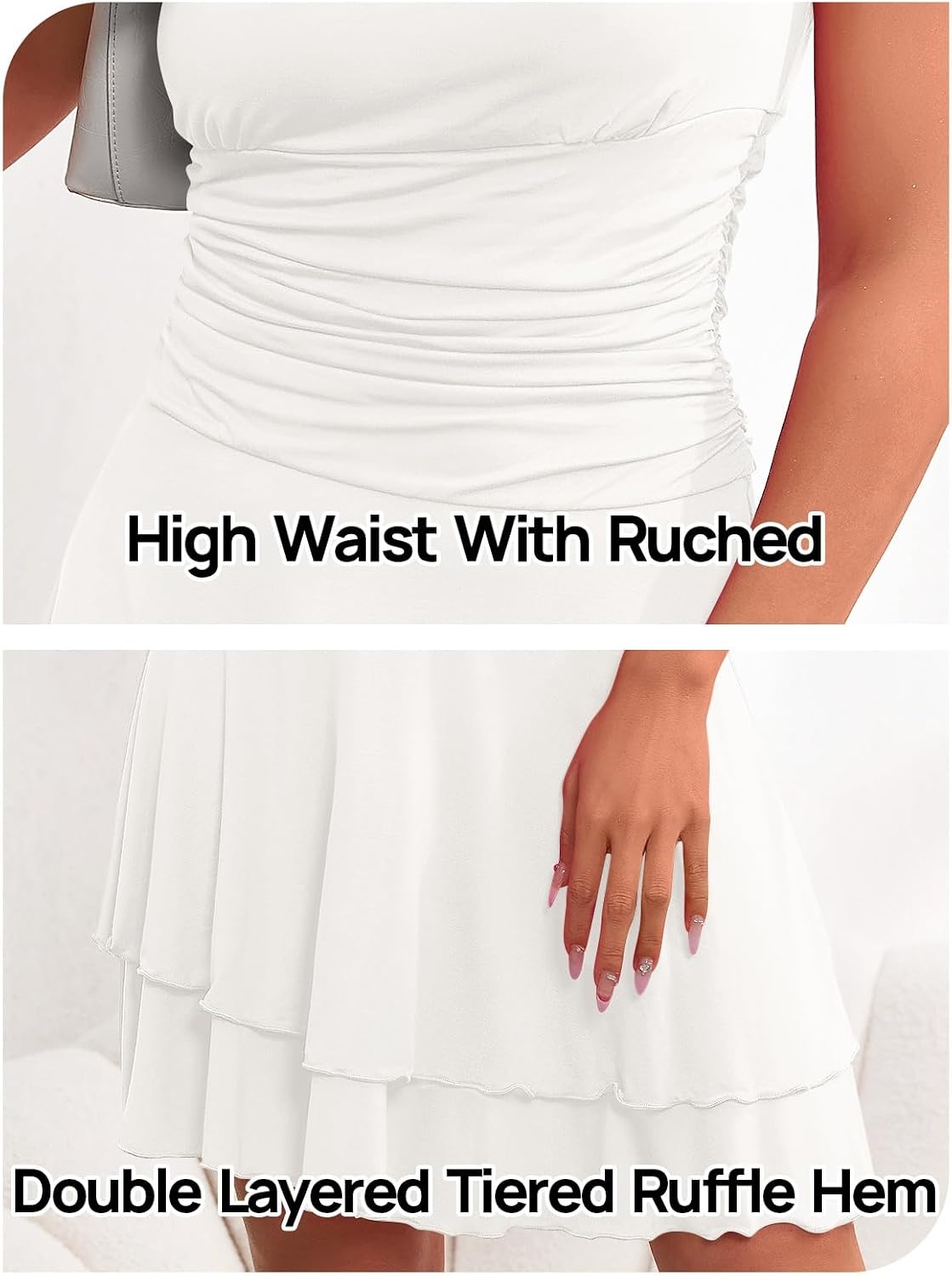 image:imageMEROKEETY Womens Summer Strapless Tube Mini Sundresses Off the Shoulder Sleeveless High Ruched Waist Double Layered Ruffle Hem Prom Graduation Party Beach VacationWhite