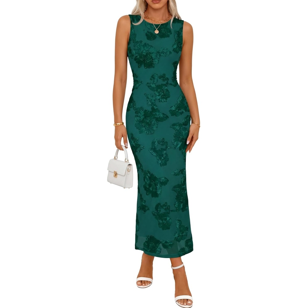image:imageMEROKEETY Womens Floral Wedding Guest Bridal Shower Dress  Sleeveless 2026 Summer Maxi Dress Mesh Bodycon Lined Mermaid Formal Elegant Prom Baby Shower Cocktail Party DressGreen