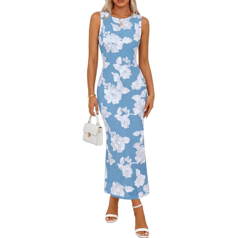 image:imageMEROKEETY Womens Floral Wedding Guest Bridal Shower Dress  Sleeveless 2026 Summer Maxi Dress Mesh Bodycon Lined Mermaid Formal Elegant Prom Baby Shower Cocktail Party DressSkyblue