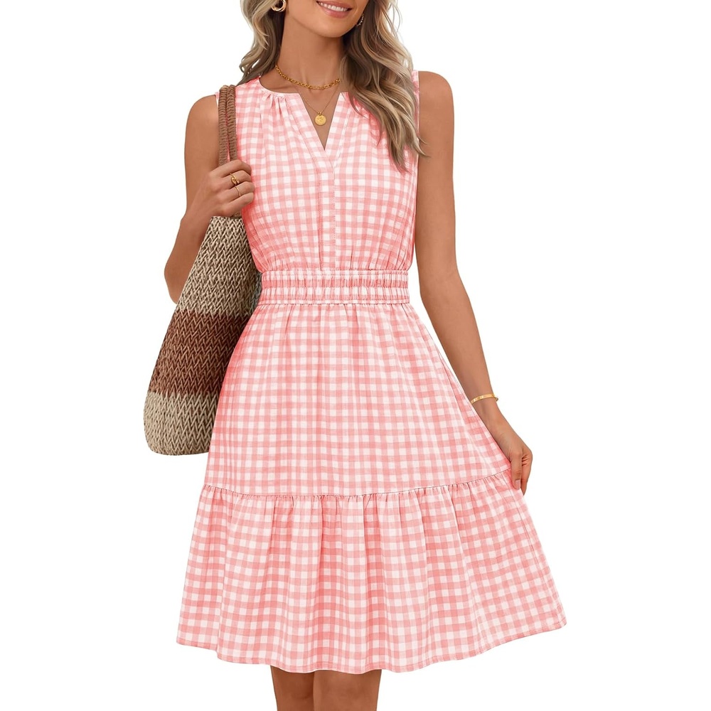 image:imageMEROKEETY Womens Summer Casual Beach Vacation Sleeveless Mini Sundress 2026 V Neck A Line Solid Color Ruffle Hem Flowy Swing Sun Dress Elastic Waist Cotton Wedding Guest Graduation Short DressPinkgingham