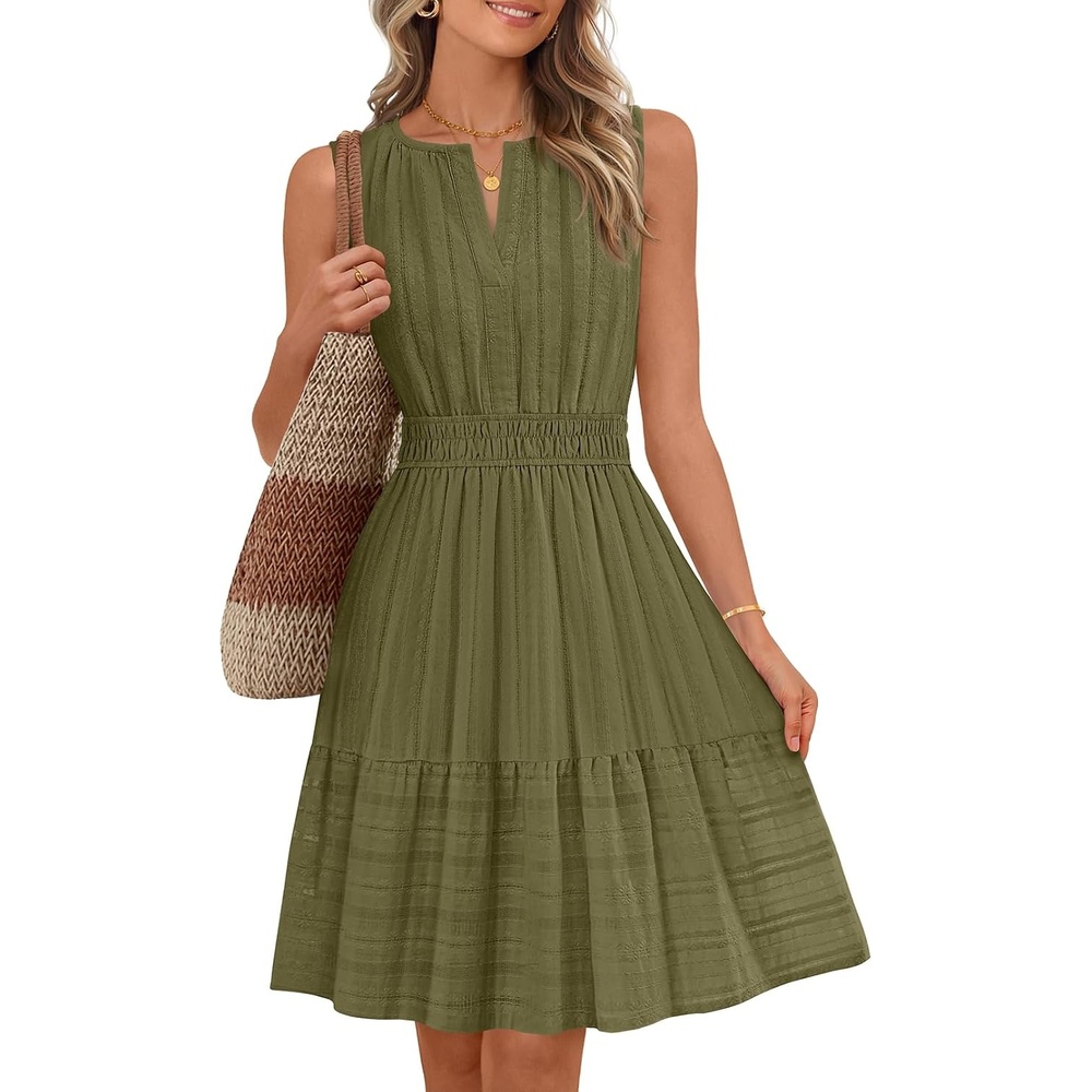 image:imageMEROKEETY Womens Summer Casual Beach Vacation Sleeveless Mini Sundress 2026 V Neck A Line Solid Color Ruffle Hem Flowy Swing Sun Dress Elastic Waist Cotton Wedding Guest Graduation Short DressArmygreen