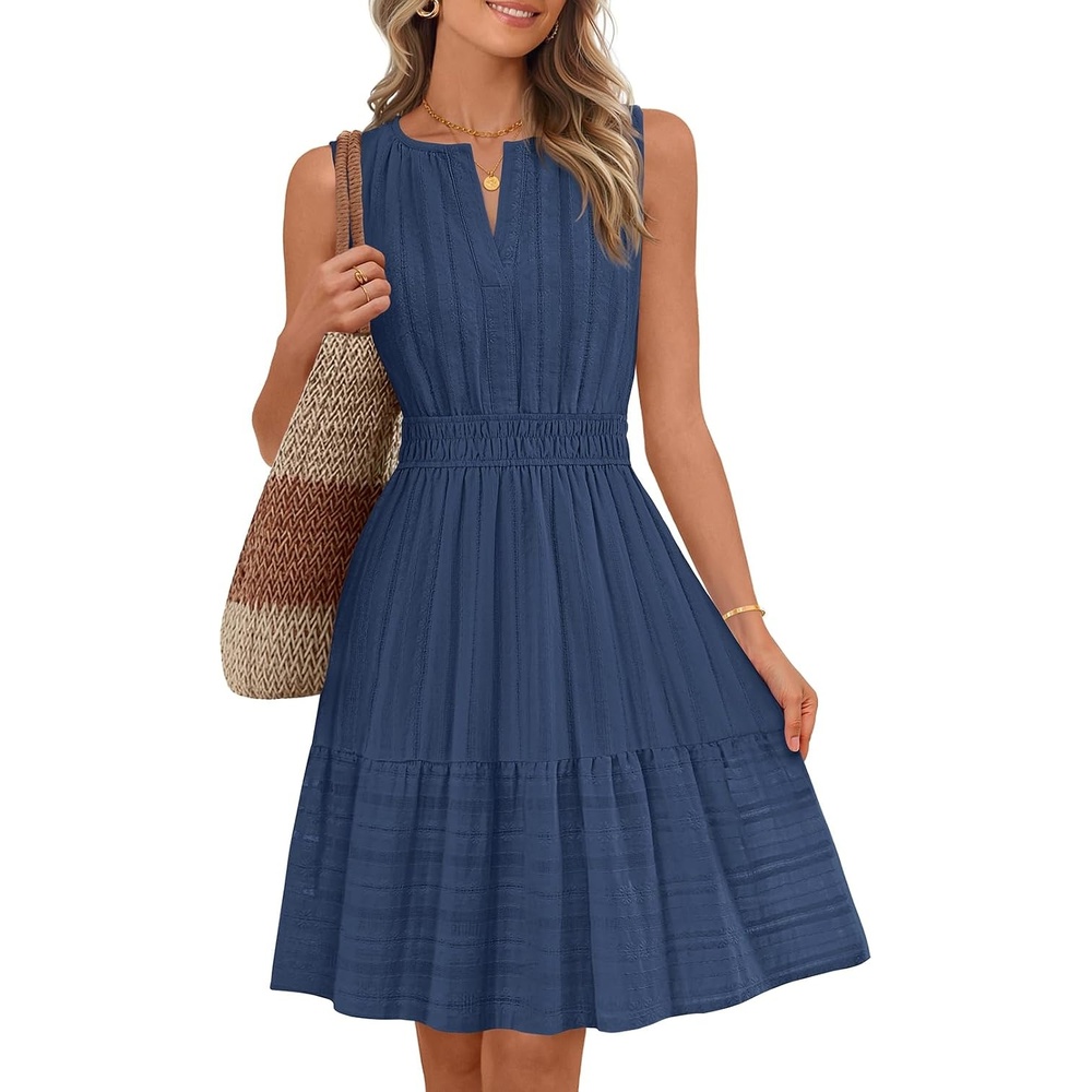 image:imageMEROKEETY Womens Summer Casual Beach Vacation Sleeveless Mini Sundress 2026  V Neck A Line Solid Color Ruffle Hem Flowy Swing Sun Dress Elastic Waist Cotton Wedding Guest Graduation Short DressNavy