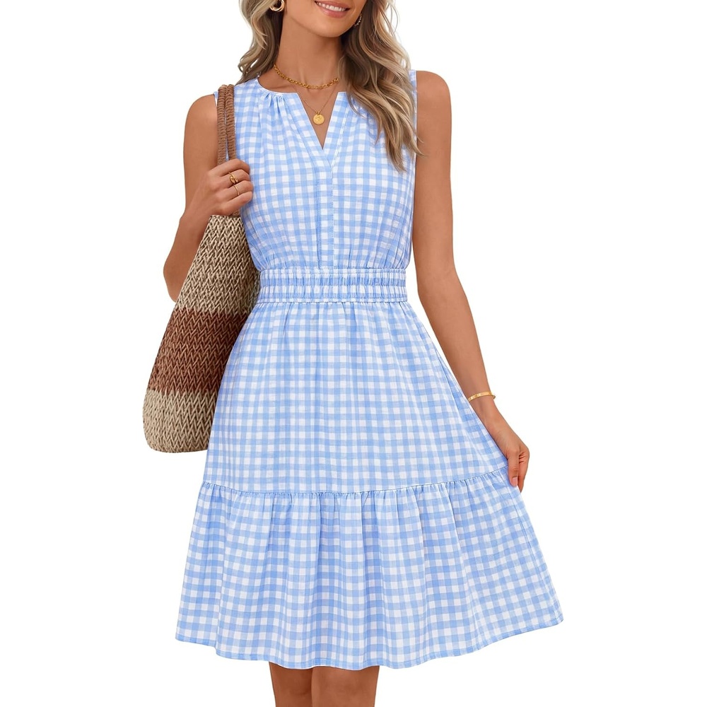 image:imageMEROKEETY Womens Summer Casual Beach Vacation Sleeveless Mini Sundress 2026 V Neck A Line Solid Color Ruffle Hem Flowy Swing Sun Dress Elastic Waist Cotton Wedding Guest Graduation Short DressBluegingham
