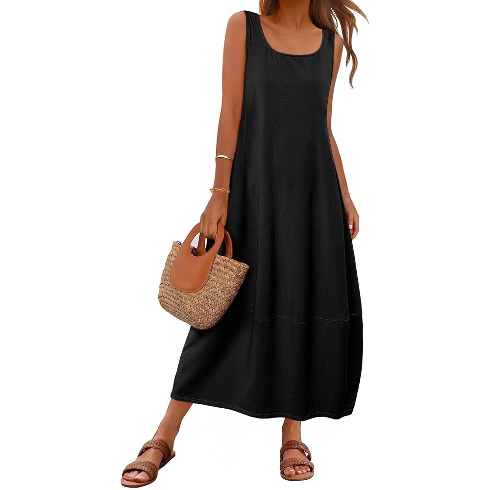 image:imageMEROKEETY Womens Summer Sleeveless Maxi Dress Beach Sundress  Casual Scoop Neck Tank Dress Cotton Boho Vacation Loose Fit Side Pockets ALine Floral Long Dress Spring OutfitsBlack