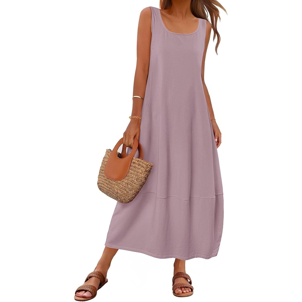 image:imageMEROKEETY Womens Summer Sleeveless Maxi Dress Beach Sundress  Casual Scoop Neck Tank Dress Cotton Boho Vacation Loose Fit Side Pockets ALine Floral Long Dress Spring OutfitsTaro