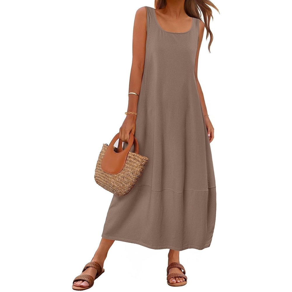 image:imageMEROKEETY Womens Summer Sleeveless Maxi Dress Beach Sundress Casual Scoop Neck Tank Dress Cotton Boho Vacation Loose Fit Side Pockets ALine Floral Long Dress Spring OutfitsMocha