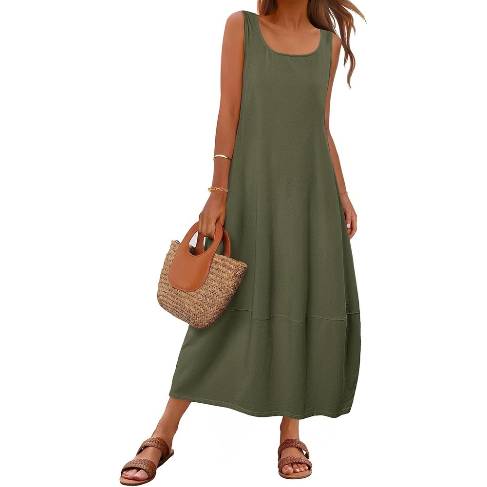 image:imageMEROKEETY Womens Summer Sleeveless Maxi Dress Beach Sundress  Casual Scoop Neck Tank Dress Cotton Boho Vacation Loose Fit Side Pockets ALine Floral Long Dress Spring OutfitsArmygreen