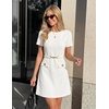 MEROKEETY Women’s Summer Business Casual Work Office Mini Dress | Short Sleeve, Bodycon A Line, Mini Dress, Decorative Faux Pockets, Metal Buckle Belt, Elegant Classy, Cocktail, Graduation(White)