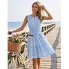 MEROKEETY Womens Summer Casual Beach Vacation Sleeveless Mini Sundress 2026 | V Neck, A Line, Solid Color, Ruffle Hem, Flowy Swing Sun Dress, Elastic Waist, Cotton, Wedding Guest Graduation Short Dress(Blue)