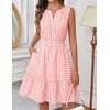 MEROKEETY Womens Summer Casual Beach Vacation Sleeveless Mini Sundress 2026 | V Neck, A Line, Solid Color, Ruffle Hem, Flowy Swing Sun Dress, Elastic Waist, Cotton, Wedding Guest Graduation Short Dress(Pinkgingham)