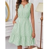 MEROKEETY Womens Summer Casual Beach Vacation Sleeveless Mini Sundress 2026 | V Neck, A Line, Solid Color, Ruffle Hem, Flowy Swing Sun Dress, Elastic Waist, Cotton, Wedding Guest Graduation Short Dress(Greengingham)