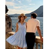 MEROKEETY Womens Summer Casual Beach Vacation Sleeveless Mini Sundress 2026 | V Neck, A Line, Solid Color, Ruffle Hem, Flowy Swing Sun Dress, Elastic Waist, Cotton, Wedding Guest Graduation Short Dress(Blue)