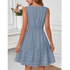 MEROKEETY Womens Summer Casual Beach Vacation Sleeveless Mini Sundress 2026 | V Neck, A Line, Solid Color, Ruffle Hem, Flowy Swing Sun Dress, Elastic Waist, Cotton, Wedding Guest Graduation Short Dress(Dusty Blue)