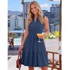 MEROKEETY Womens Summer Casual Beach Vacation Sleeveless Mini Sundress 2026 | V Neck, A Line, Solid Color, Ruffle Hem, Flowy Swing Sun Dress, Elastic Waist, Cotton, Wedding Guest Graduation Short Dress(Navy)