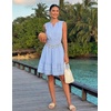MEROKEETY Womens Summer Casual Beach Vacation Sleeveless Mini Sundress 2026 | V Neck, A Line, Solid Color, Ruffle Hem, Flowy Swing Sun Dress, Elastic Waist, Cotton, Wedding Guest Graduation Short Dress(Blue)