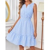 MEROKEETY Womens Summer Casual Beach Vacation Sleeveless Mini Sundress 2026 | V Neck, A Line, Solid Color, Ruffle Hem, Flowy Swing Sun Dress, Elastic Waist, Cotton, Wedding Guest Graduation Short Dress(Bluegingham)