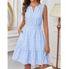 MEROKEETY Womens Summer Casual Beach Vacation Sleeveless Mini Sundress 2026 | V Neck, A Line, Solid Color, Ruffle Hem, Flowy Swing Sun Dress, Elastic Waist, Cotton, Wedding Guest Graduation Short Dress(Bluegingham)