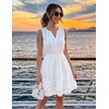 MEROKEETY Womens Summer Casual Beach Vacation Sleeveless Mini Sundress 2026 | V Neck, A Line, Solid Color, Ruffle Hem, Flowy Swing Sun Dress, Elastic Waist, Cotton, Wedding Guest Graduation Short Dress(White)