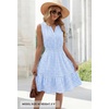 MEROKEETY Womens Summer Casual Beach Vacation Sleeveless Mini Sundress 2026 | V Neck, A Line, Solid Color, Ruffle Hem, Flowy Swing Sun Dress, Elastic Waist, Cotton, Wedding Guest Graduation Short Dress(Bluegingham)