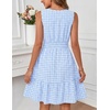 MEROKEETY Womens Summer Casual Beach Vacation Sleeveless Mini Sundress 2026 | V Neck, A Line, Solid Color, Ruffle Hem, Flowy Swing Sun Dress, Elastic Waist, Cotton, Wedding Guest Graduation Short Dress(Bluegingham)