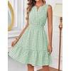 MEROKEETY Womens Summer Casual Beach Vacation Sleeveless Mini Sundress 2026 | V Neck, A Line, Solid Color, Ruffle Hem, Flowy Swing Sun Dress, Elastic Waist, Cotton, Wedding Guest Graduation Short Dress(Greengingham)
