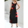 MEROKEETY Women’s Summer Sleeveless Maxi Dress Beach Sundress | Casual Scoop Neck Tank Dress, Cotton, Boho Vacation, Loose Fit, Side Pockets, A-Line, Floral Long Dress, Spring Outfits(Blackred)