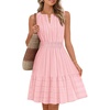 MEROKEETY Womens Summer Casual Beach Vacation Sleeveless Mini Sundress 2026 | V Neck, A Line, Solid Color, Ruffle Hem, Flowy Swing Sun Dress, Elastic Waist, Cotton, Wedding Guest Graduation Short Dress(Pink)