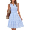 MEROKEETY Womens Summer Casual Beach Vacation Sleeveless Mini Sundress 2026 | V Neck, A Line, Solid Color, Ruffle Hem, Flowy Swing Sun Dress, Elastic Waist, Cotton, Wedding Guest Graduation Short Dress(Bluegingham)
