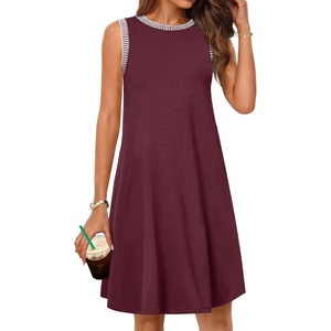 MEROKEETY Womens Casual Summer Sleeveless Tank Contrast Sun Dress 2026 | Knee Length, Rayon, Jersey, Soft, Beach, Vacation, Striped Trim, Crewneck, Petite, Short Shift Dresses, Swing Sundresses(Wine)