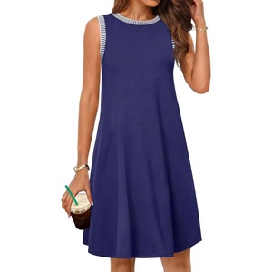 MEROKEETY Womens Casual Summer Sleeveless Tank Contrast Sun Dress 2026 | Knee Length, Rayon, Jersey, Soft, Beach, Vacation, Striped Trim, Crewneck, Petite, Short Shift Dresses, Swing Sundresses(Navy)