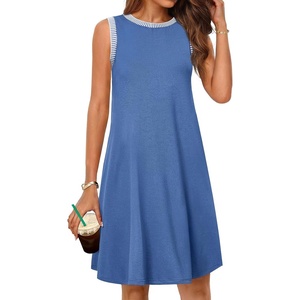MEROKEETY Womens Casual Summer Sleeveless Tank Contrast Sun Dress 2026 | Knee Length, Rayon, Jersey, Soft, Beach, Vacation, Striped Trim, Crewneck, Petite, Short Shift Dresses, Swing Sundresses(Darkblue)