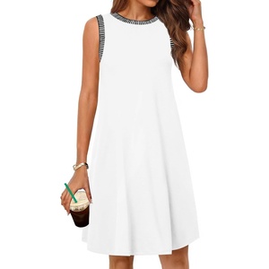 MEROKEETY Womens Casual Summer Sleeveless Tank Contrast Sun Dress 2026 | Knee Length, Rayon, Jersey, Soft, Beach, Vacation, Striped Trim, Crewneck, Petite, Short Shift Dresses, Swing Sundresses(Newwhite)