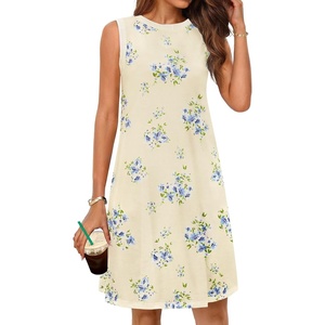 MEROKEETY Womens Casual Summer Sleeveless Tank Contrast Sun Dress 2026 | Knee Length, Rayon, Jersey, Soft, Beach, Vacation, Striped Trim, Crewneck, Petite, Short Shift Dresses, Swing Sundresses(Floral1)
