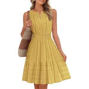MEROKEETY Womens Summer Casual Beach Vacation Sleeveless Mini Sundress 2026 | V Neck, A Line, Solid Color, Ruffle Hem, Flowy Swing Sun Dress, Elastic Waist, Cotton, Wedding Guest Graduation Short Dress(Yellow)