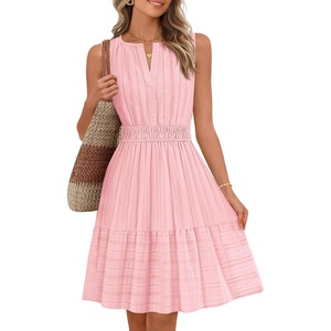 MEROKEETY Womens Summer Casual Beach Vacation Sleeveless Mini Sundress 2026 | V Neck, A Line, Solid Color, Ruffle Hem, Flowy Swing Sun Dress, Elastic Waist, Cotton, Wedding Guest Graduation Short Dress(Pink)