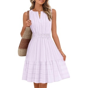 MEROKEETY Womens Summer Casual Beach Vacation Sleeveless Mini Sundress 2026 | V Neck, A Line, Solid Color, Ruffle Hem, Flowy Swing Sun Dress, Elastic Waist, Cotton, Wedding Guest Graduation Short Dress(Purple)