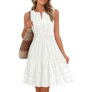 MEROKEETY Womens Summer Casual Beach Vacation Sleeveless Mini Sundress 2026 | V Neck, A Line, Solid Color, Ruffle Hem, Flowy Swing Sun Dress, Elastic Waist, Cotton, Wedding Guest Graduation Short Dress(White)