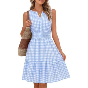 MEROKEETY Womens Summer Casual Beach Vacation Sleeveless Mini Sundress 2026 | V Neck, A Line, Solid Color, Ruffle Hem, Flowy Swing Sun Dress, Elastic Waist, Cotton, Wedding Guest Graduation Short Dress(Bluegingham)