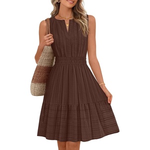 MEROKEETY Womens Summer Casual Beach Vacation Sleeveless Mini Sundress 2026 | V Neck, A Line, Solid Color, Ruffle Hem, Flowy Swing Sun Dress, Elastic Waist, Cotton, Wedding Guest Graduation Short Dress(Coffee)