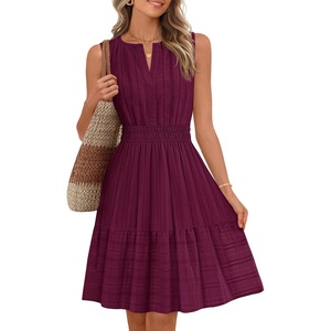 MEROKEETY Womens Summer Casual Beach Vacation Sleeveless Mini Sundress 2026 | V Neck, A Line, Solid Color, Ruffle Hem, Flowy Swing Sun Dress, Elastic Waist, Cotton, Wedding Guest Graduation Short Dress(Wine)